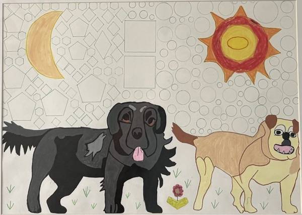 Drawing of two dogs, Billie and Grendel